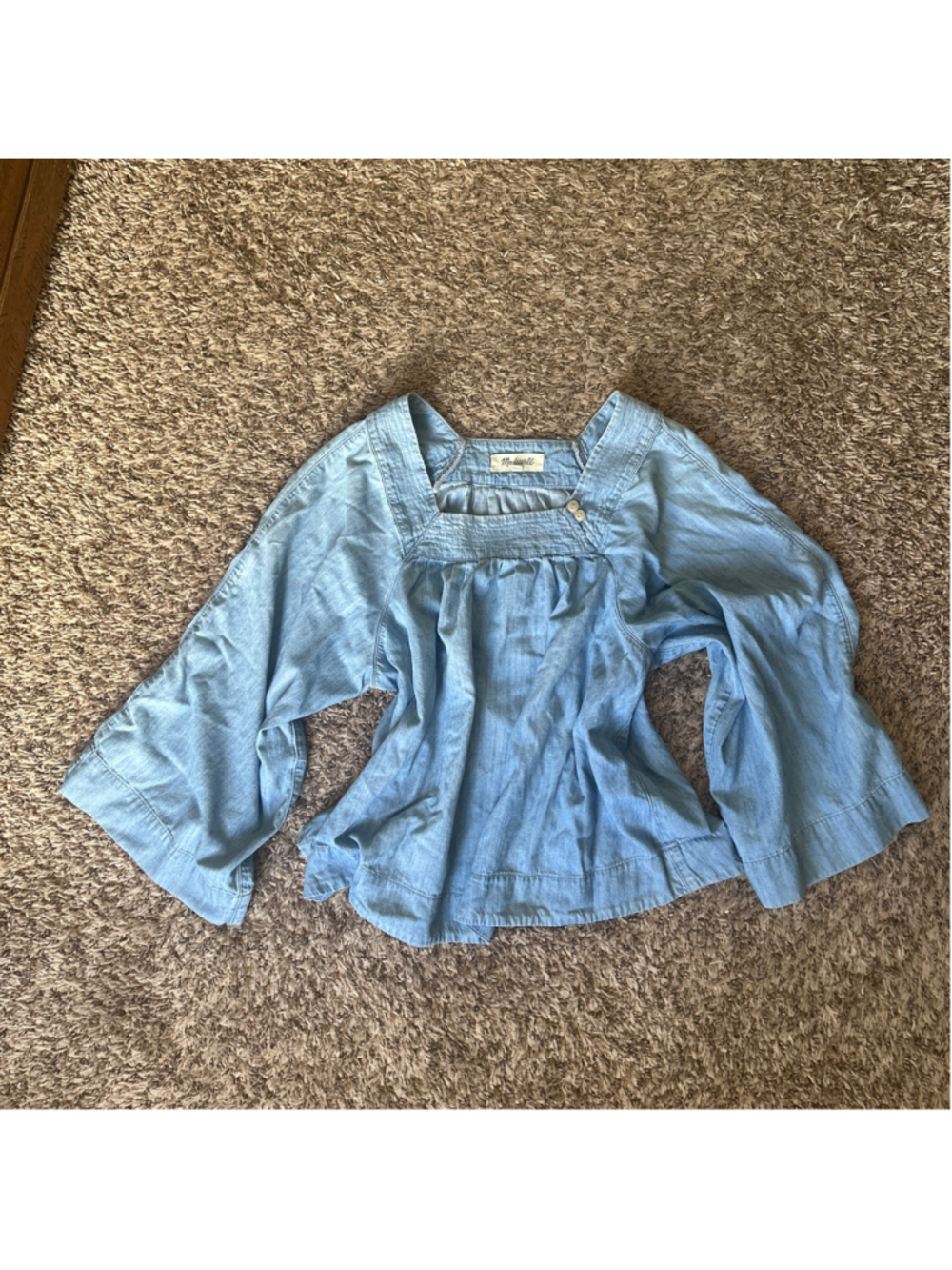 Madewell Square Neck Light Blue Cotton Lyocell Denim Peasant Top Women’s Small - Picture 3 of 6